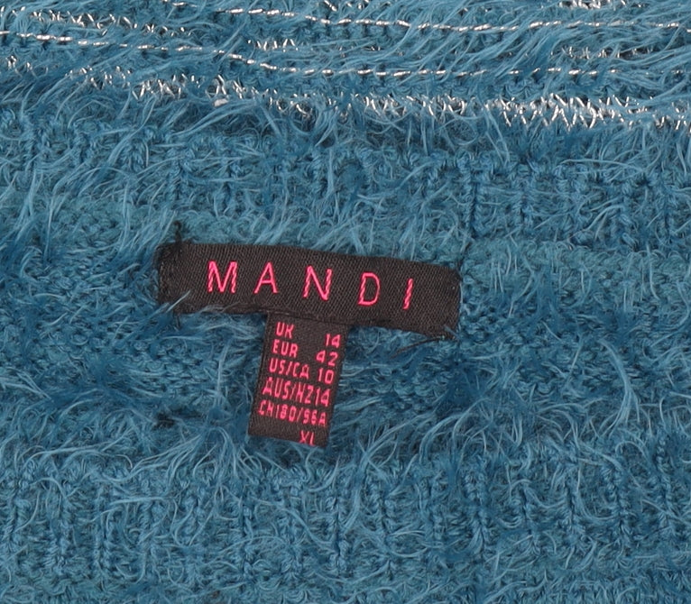 Mandi Women’s Blue Fuzzy Striped Pullover Jumper Size 14