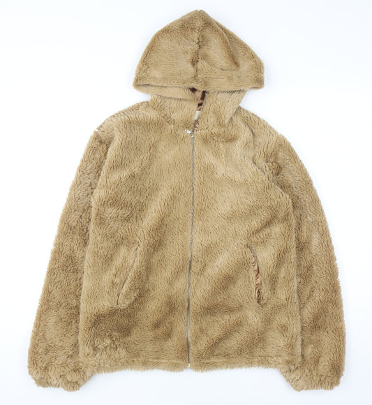 Urban Nation Womens Beige Hooded Faux Fur Fleece Jacket Size S