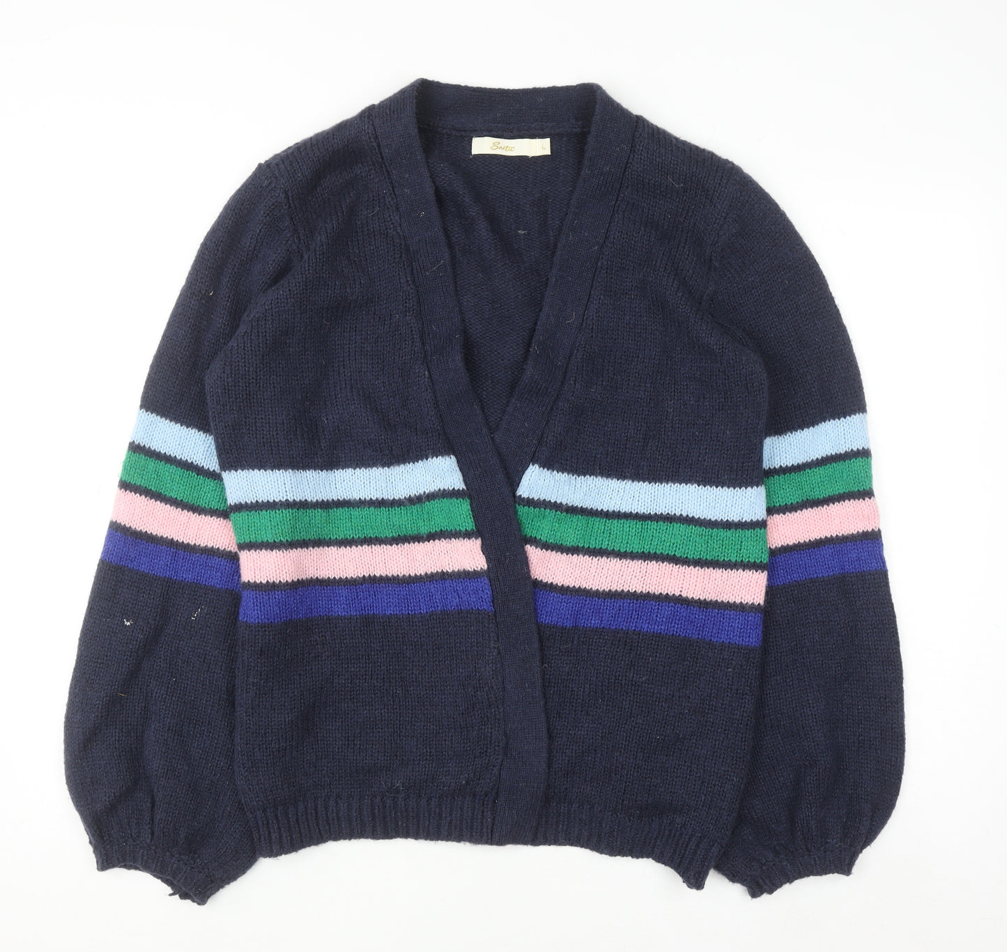 Sarte Women Blue Striped Knit Cardigan L V-Neck Mohair Blend