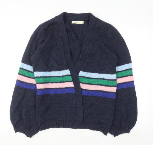 Sarte Women Blue Striped Knit Cardigan L V-Neck Mohair Blend