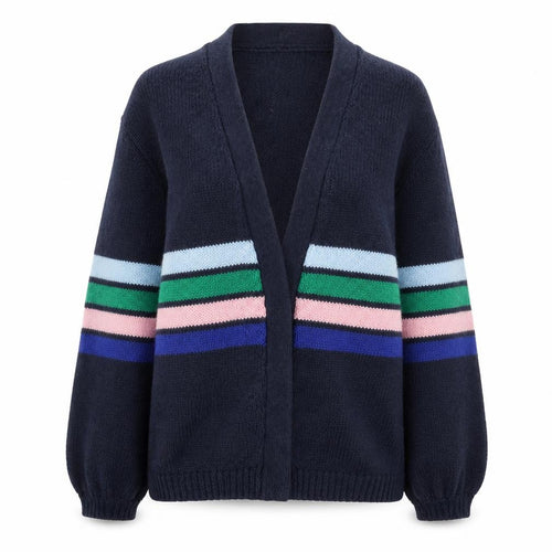 Sarte Women Blue Striped Knit Cardigan L V-Neck Mohair Blend
