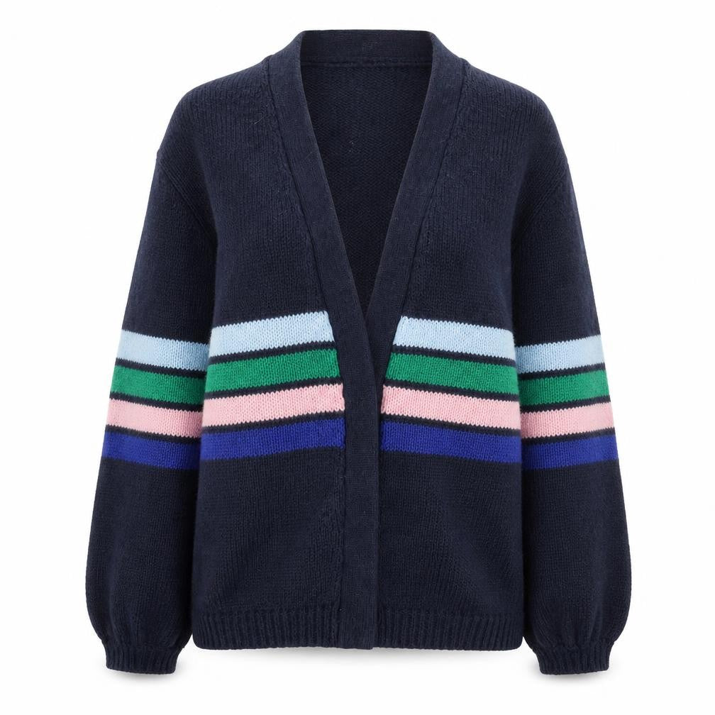 Sarte Women Blue Striped Knit Cardigan L V-Neck Mohair Blend