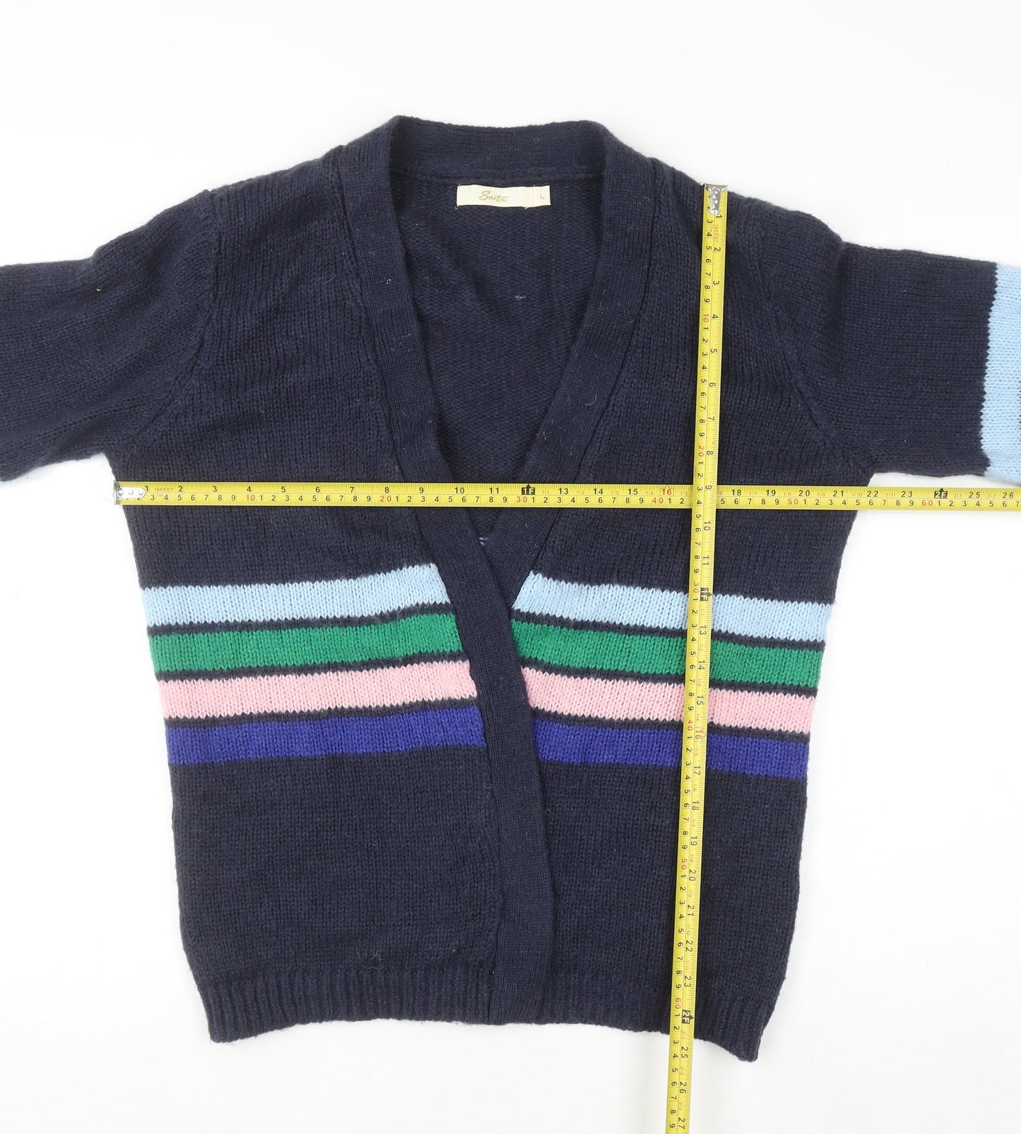 Sarte Women Blue Striped Knit Cardigan L V-Neck Mohair Blend