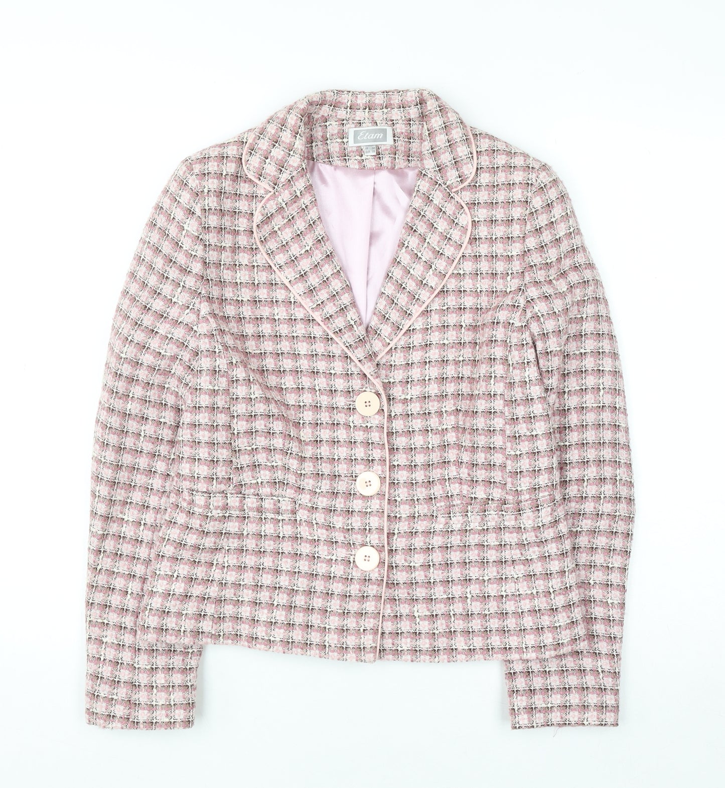 Etam Women Pink Checked Bouclé Blazer UK 10 Classic Lined Jacket