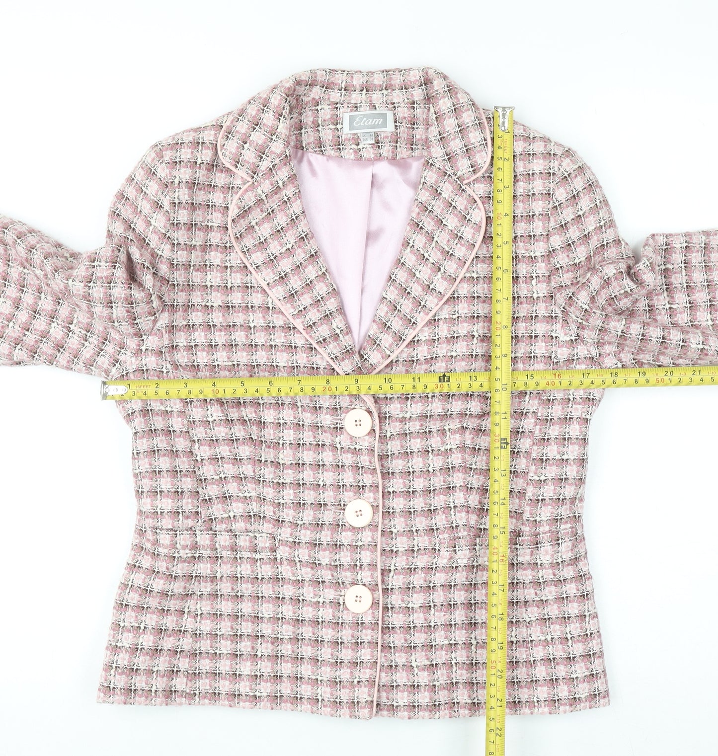 Etam Women Pink Checked Bouclé Blazer UK 10 Classic Lined Jacket