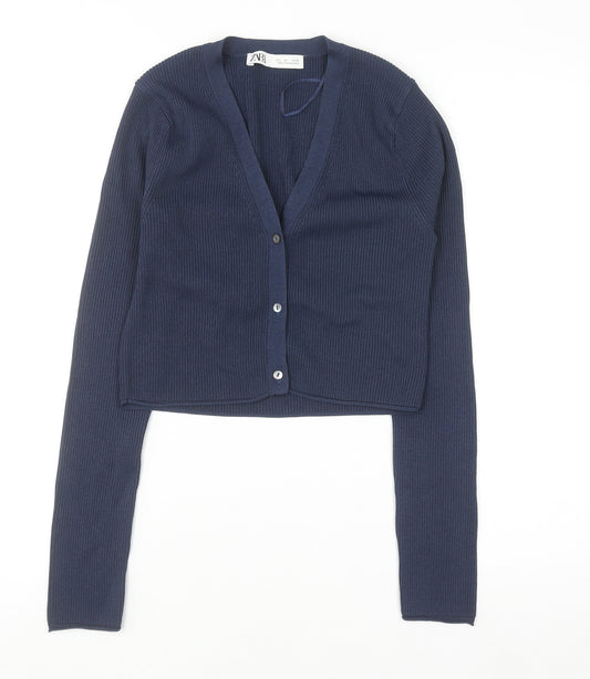 Zara Women Navy Blue V-Neck Ribbed Cardigan Size L