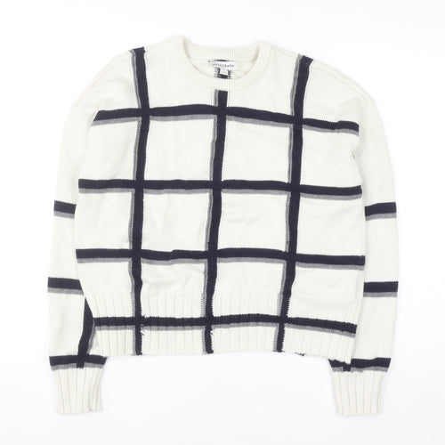 Marks and Spencer Women Ivory Check Merino Wool Crew Neck Jumper M