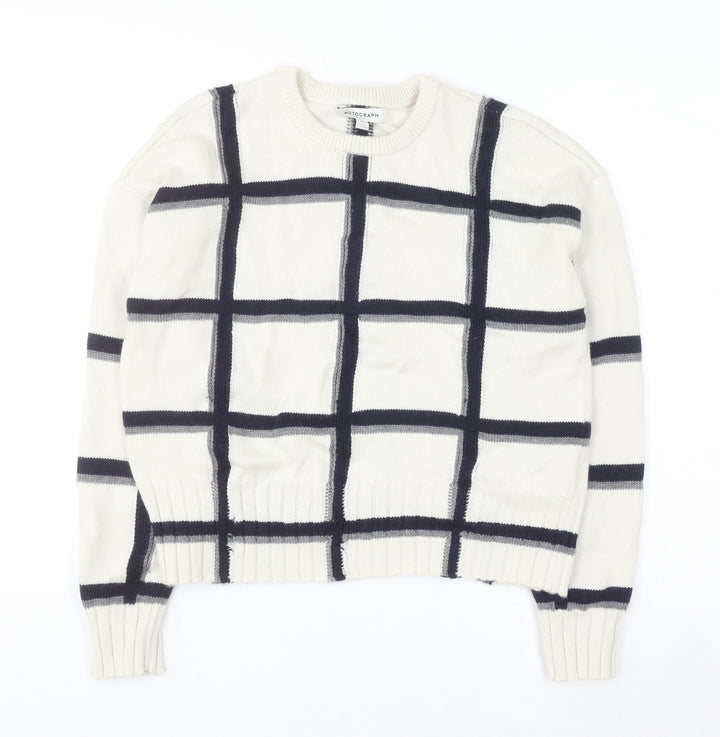 Marks and Spencer Women Ivory Check Merino Wool Crew Neck Jumper M