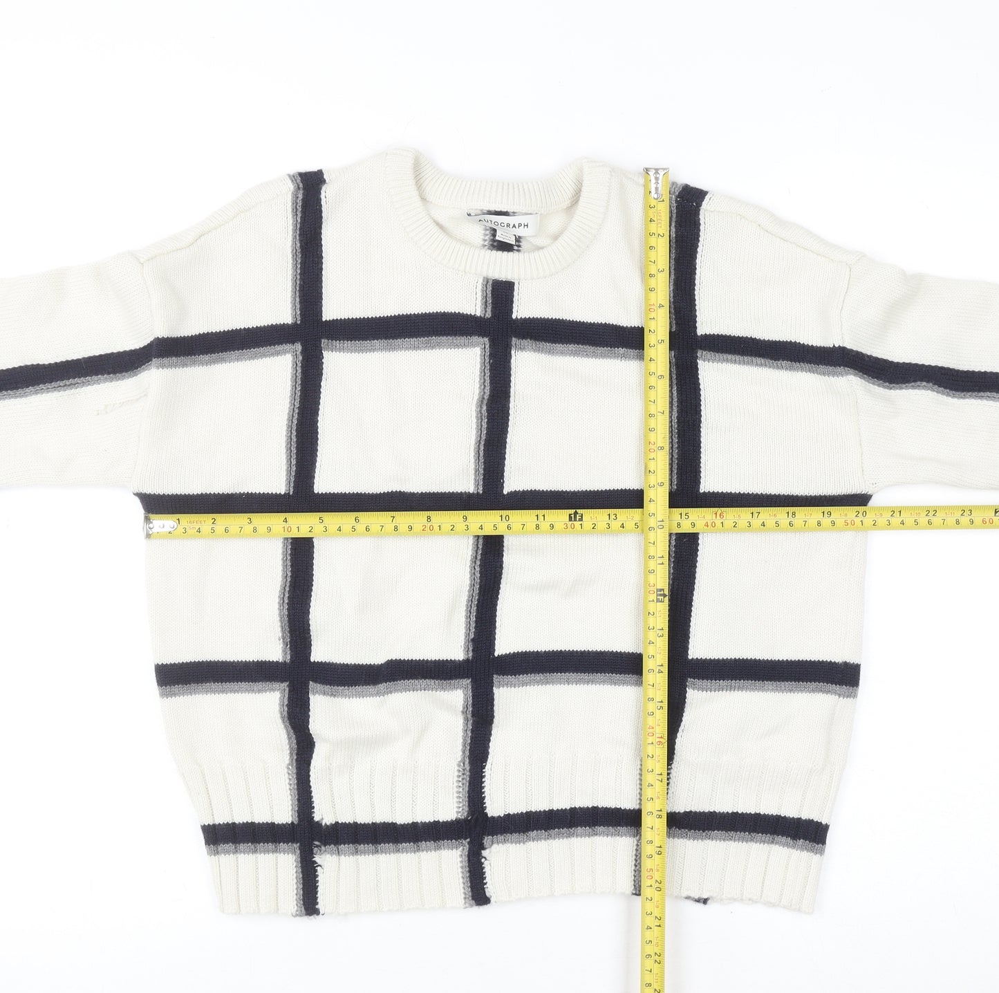 Marks and Spencer Women Ivory Check Merino Wool Crew Neck Jumper M