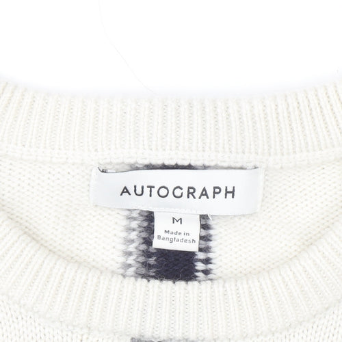 Marks and Spencer Women Ivory Check Merino Wool Crew Neck Jumper M