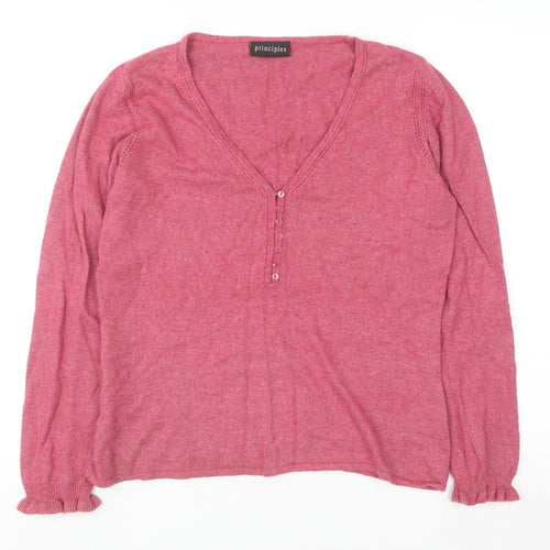 Principles Women Pink V-Neck Henley Jumper Size 16 Cotton Blend