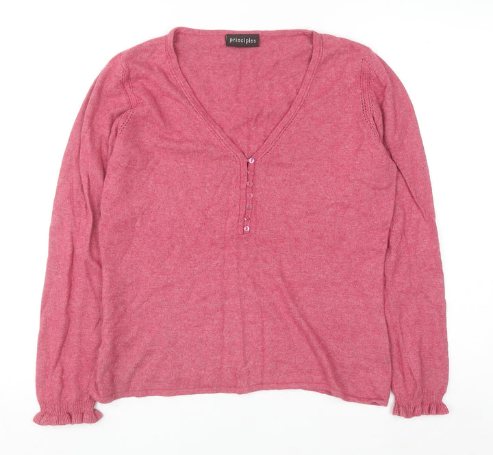 Principles Women Pink V-Neck Henley Jumper Size 16 Cotton Blend