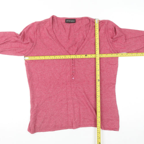 Principles Women Pink V-Neck Henley Jumper Size 16 Cotton Blend