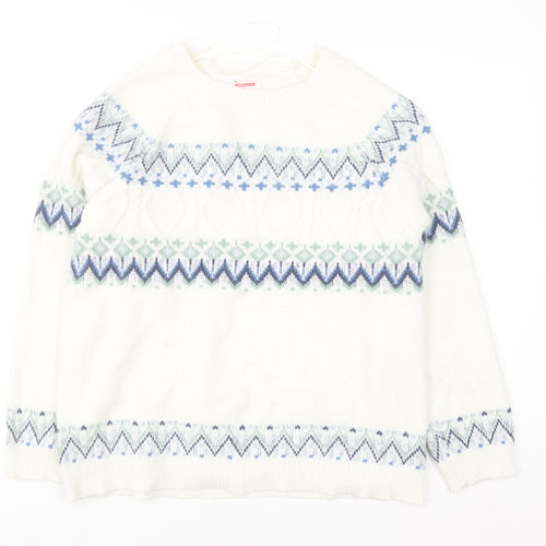Damart Women Ivory Fair Isle Crew Neck Pullover Jumper L Wool Blend