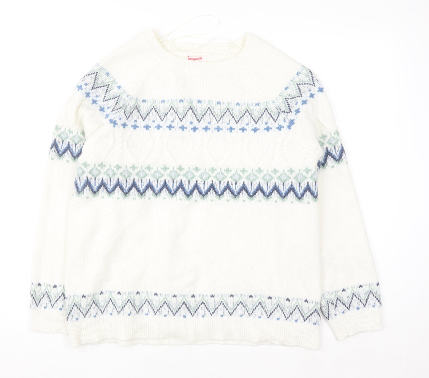 Damart Women Ivory Fair Isle Crew Neck Pullover Jumper L Wool Blend