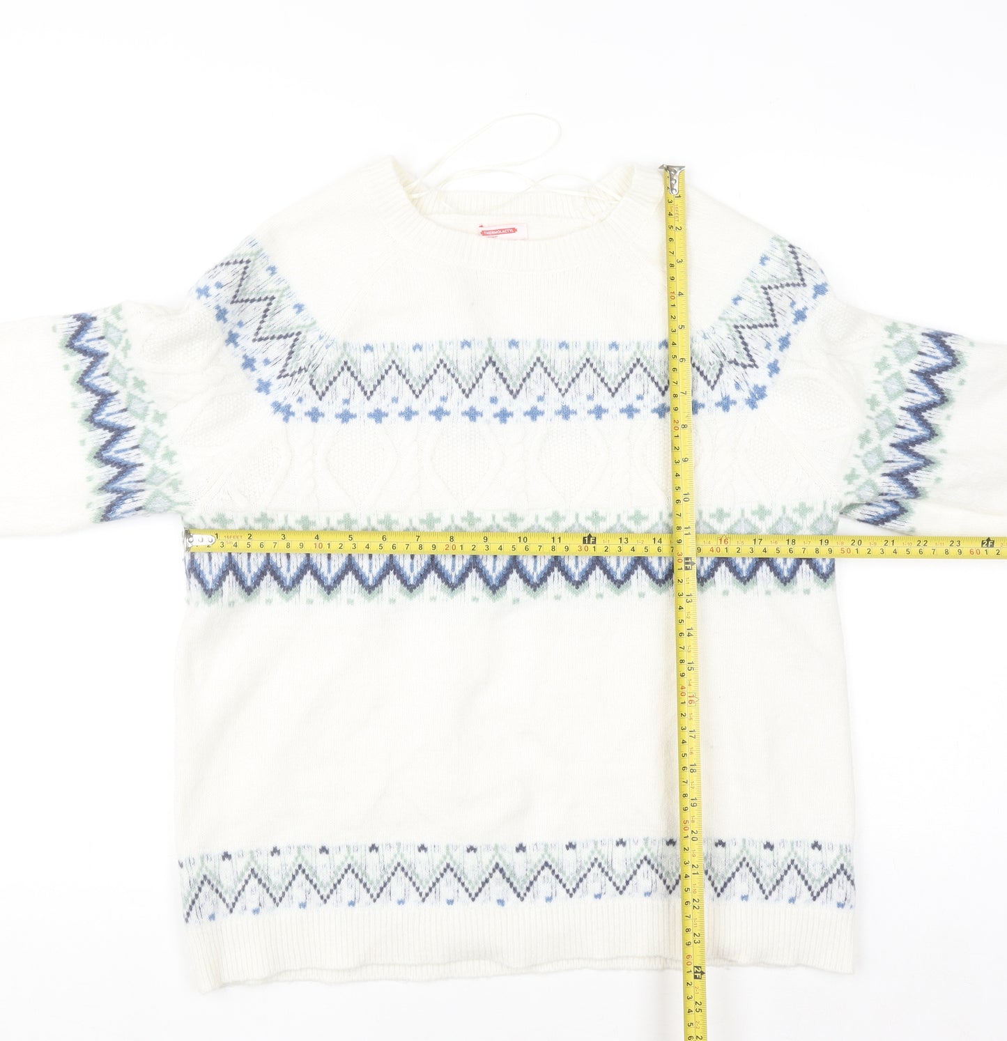 Damart Women Ivory Fair Isle Crew Neck Pullover Jumper L Wool Blend