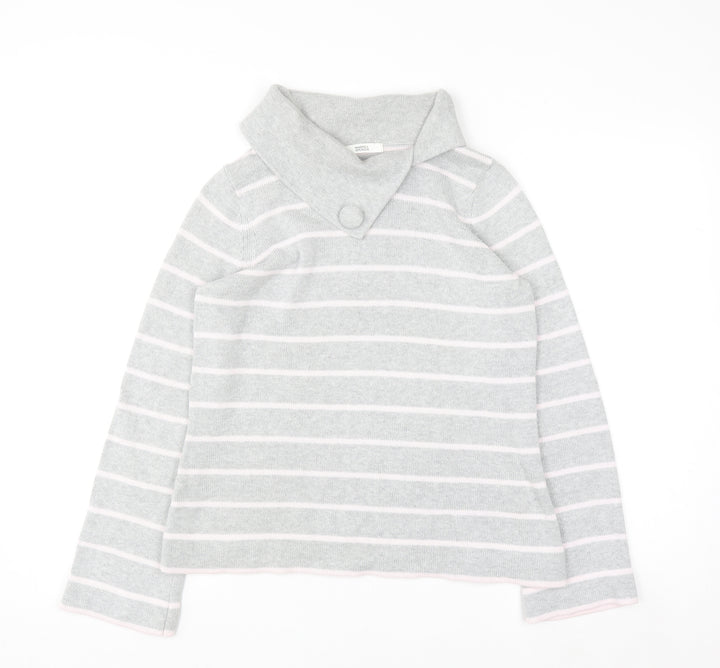 Marks and Spencer Women Grey Striped Collared Cotton Jumper Size 12