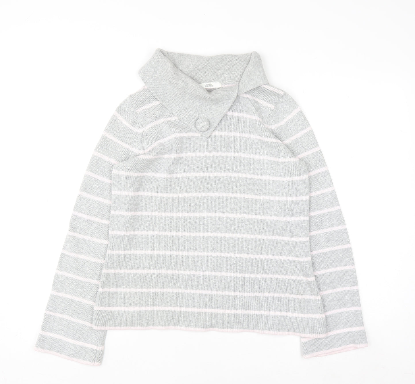 Marks and Spencer Women Grey Striped Collared Cotton Jumper Size 12
