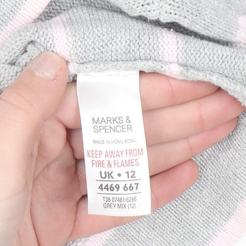 Marks and Spencer Women Grey Striped Collared Cotton Jumper Size 12