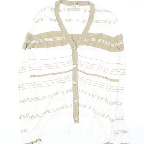 Jigsaw Women Beige Striped Linen Cotton V-Neck Button Cardigan M