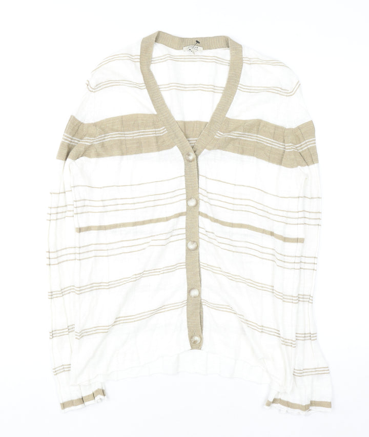 Jigsaw Women Beige Striped Linen Cotton V-Neck Button Cardigan M