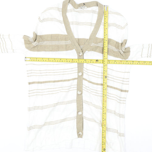 Jigsaw Women Beige Striped Linen Cotton V-Neck Button Cardigan M