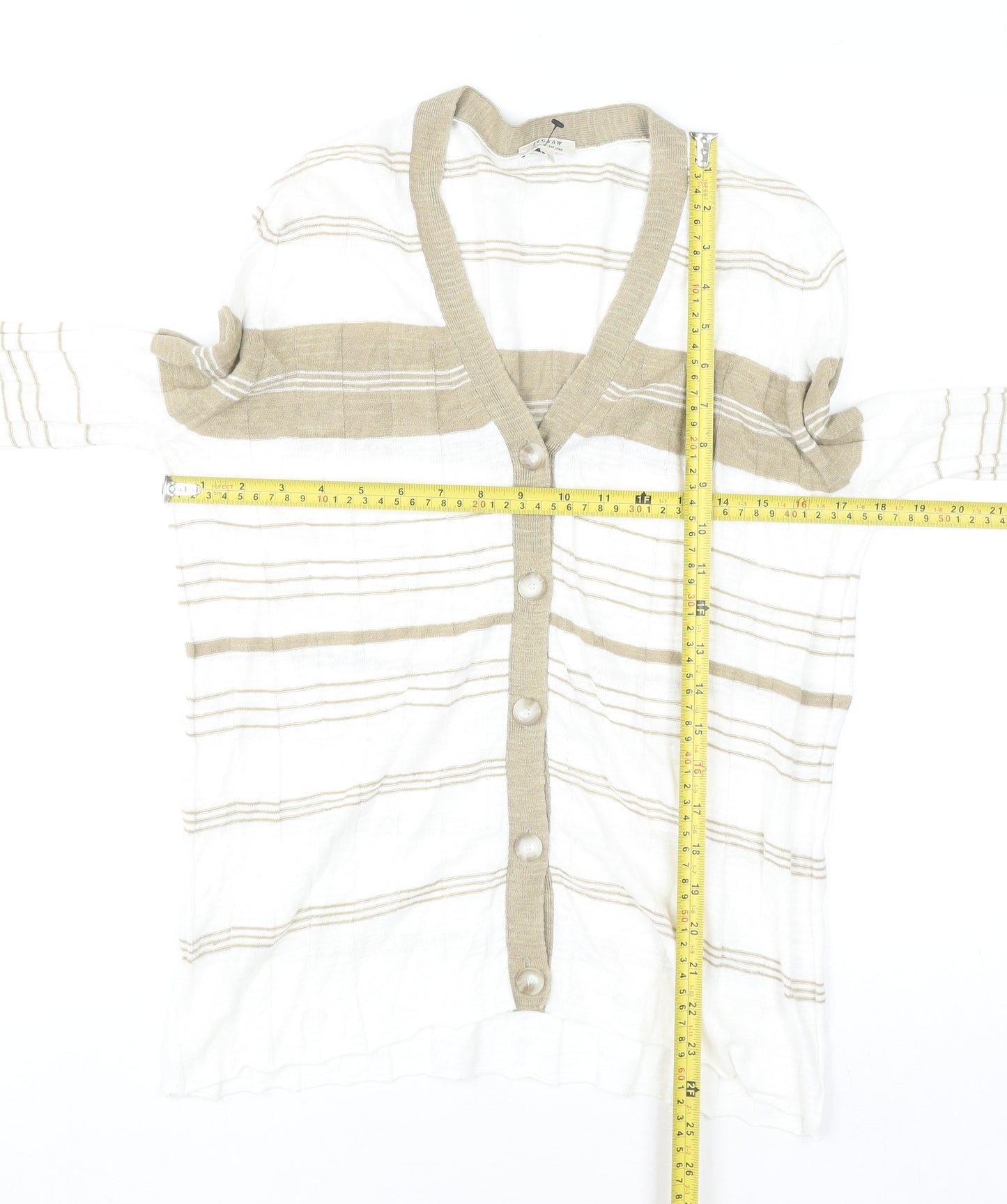 Jigsaw Women Beige Striped Linen Cotton V-Neck Button Cardigan M