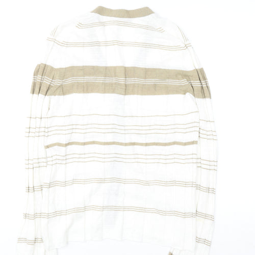 Jigsaw Women Beige Striped Linen Cotton V-Neck Button Cardigan M