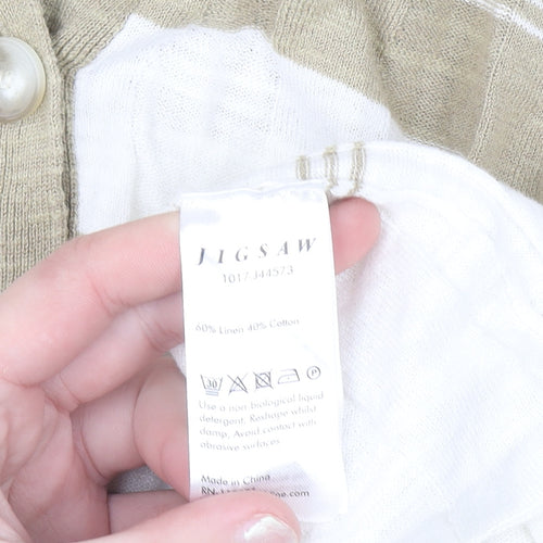 Jigsaw Women Beige Striped Linen Cotton V-Neck Button Cardigan M