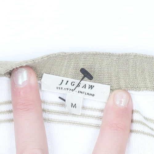 Jigsaw Women Beige Striped Linen Cotton V-Neck Button Cardigan M