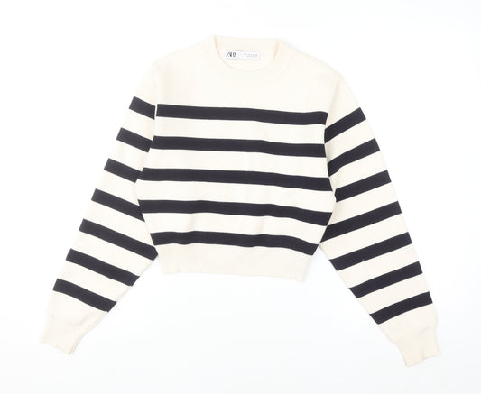 ZARA Women’s Black White Striped Crew Neck Knit Jumper Size S