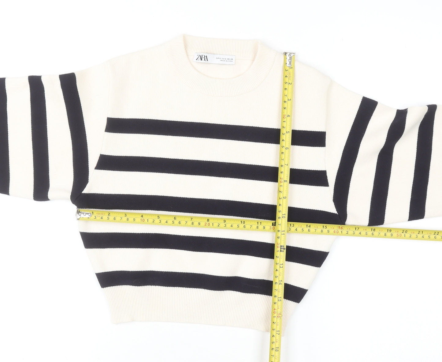 ZARA Women’s Black White Striped Crew Neck Knit Jumper Size S