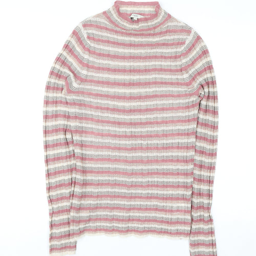 Next Women’s Pink Striped Mock Neck Knit Top Size 10 Long Sleeve