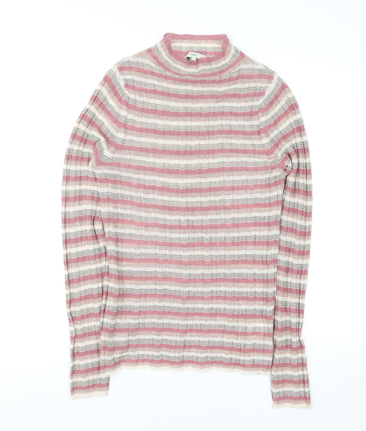 Next Women’s Pink Striped Mock Neck Knit Top Size 10 Long Sleeve