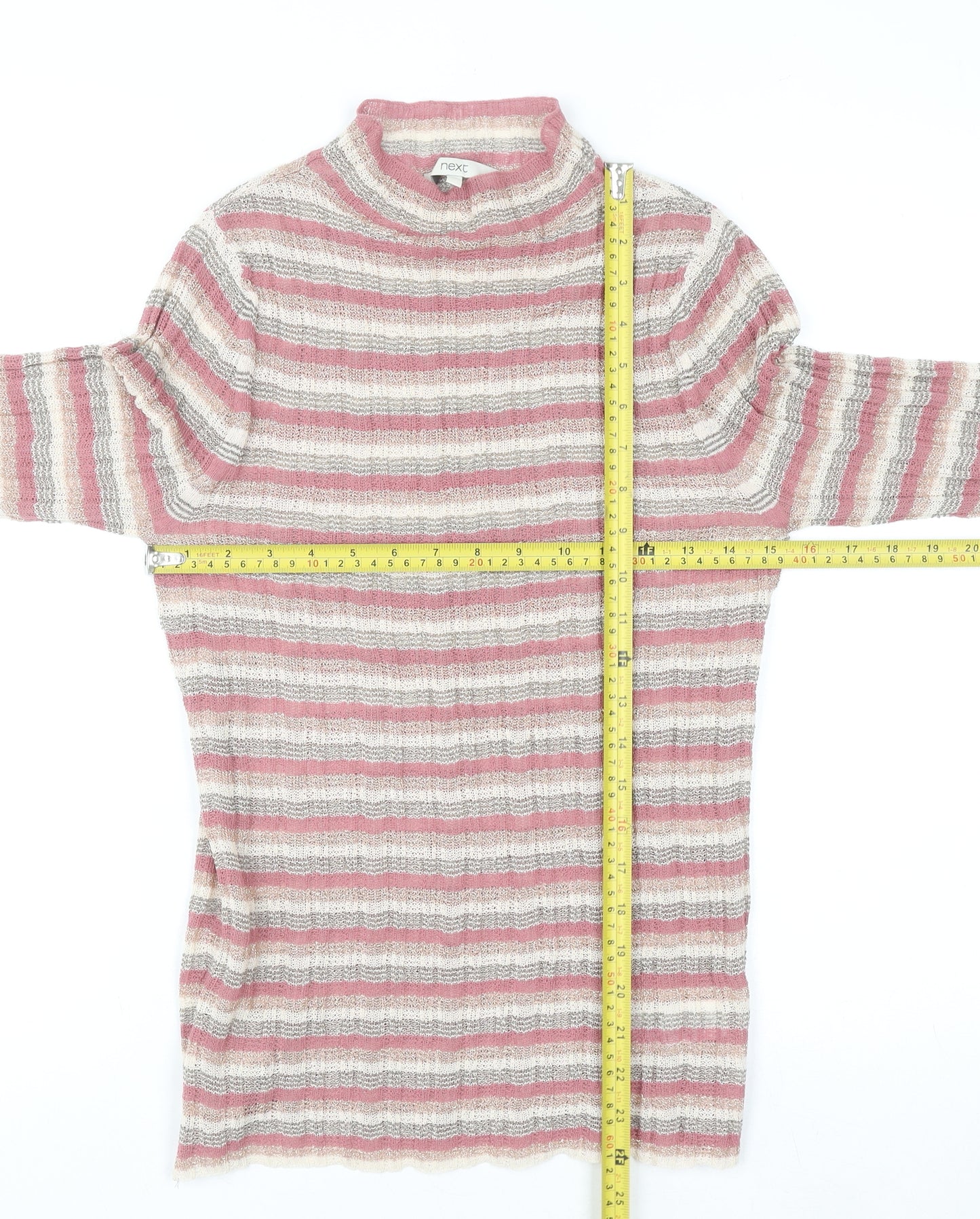 Next Women’s Pink Striped Mock Neck Knit Top Size 10 Long Sleeve