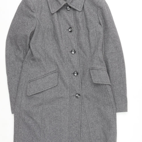 Benetton Women Grey Wool Blend Long Coat UK 12 Classic Buttoned Overcoat