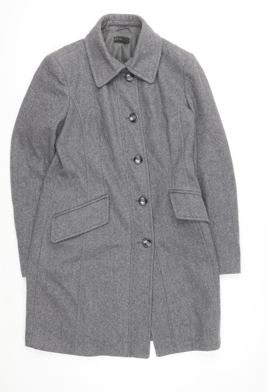 Benetton Women Grey Wool Blend Long Coat UK 12 Classic Buttoned Overcoat