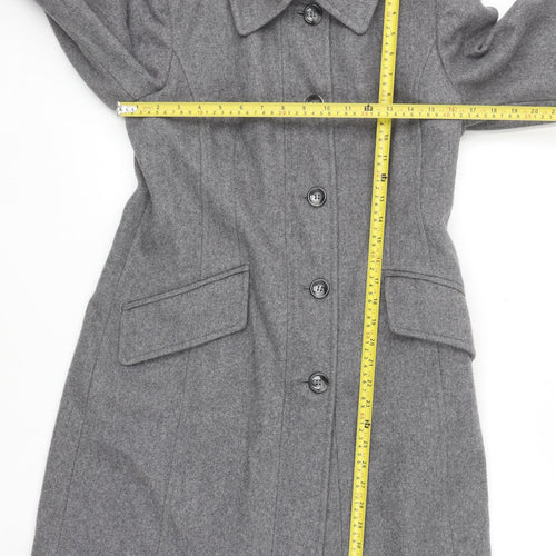 Benetton Women Grey Wool Blend Long Coat UK 12 Classic Buttoned Overcoat