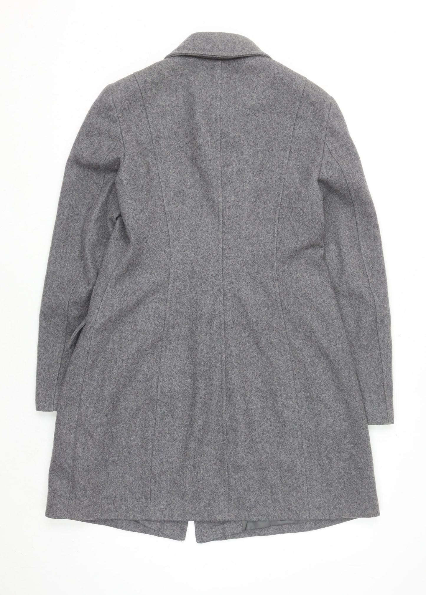 Benetton Women Grey Wool Blend Long Coat UK 12 Classic Buttoned Overcoat