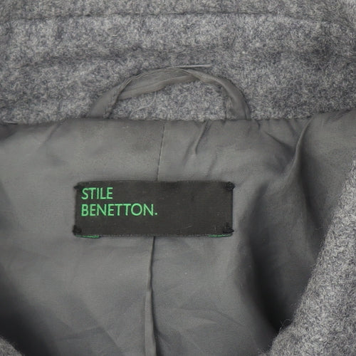 Benetton Women Grey Wool Blend Long Coat UK 12 Classic Buttoned Overcoat