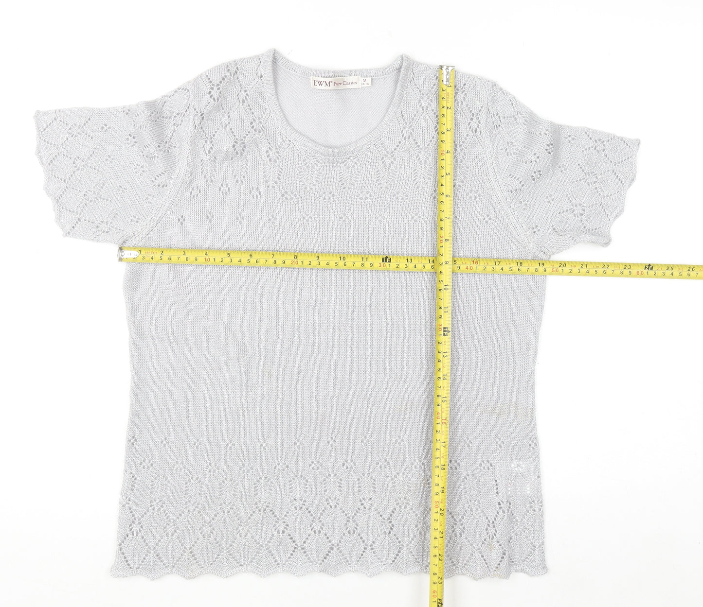 EWM Pure Classics Women Silver Knit Short Sleeve Top Size 14