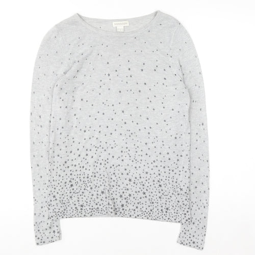 Monsoon Women Grey Star Knit Long Sleeve Crew Neck Blouse Size 12