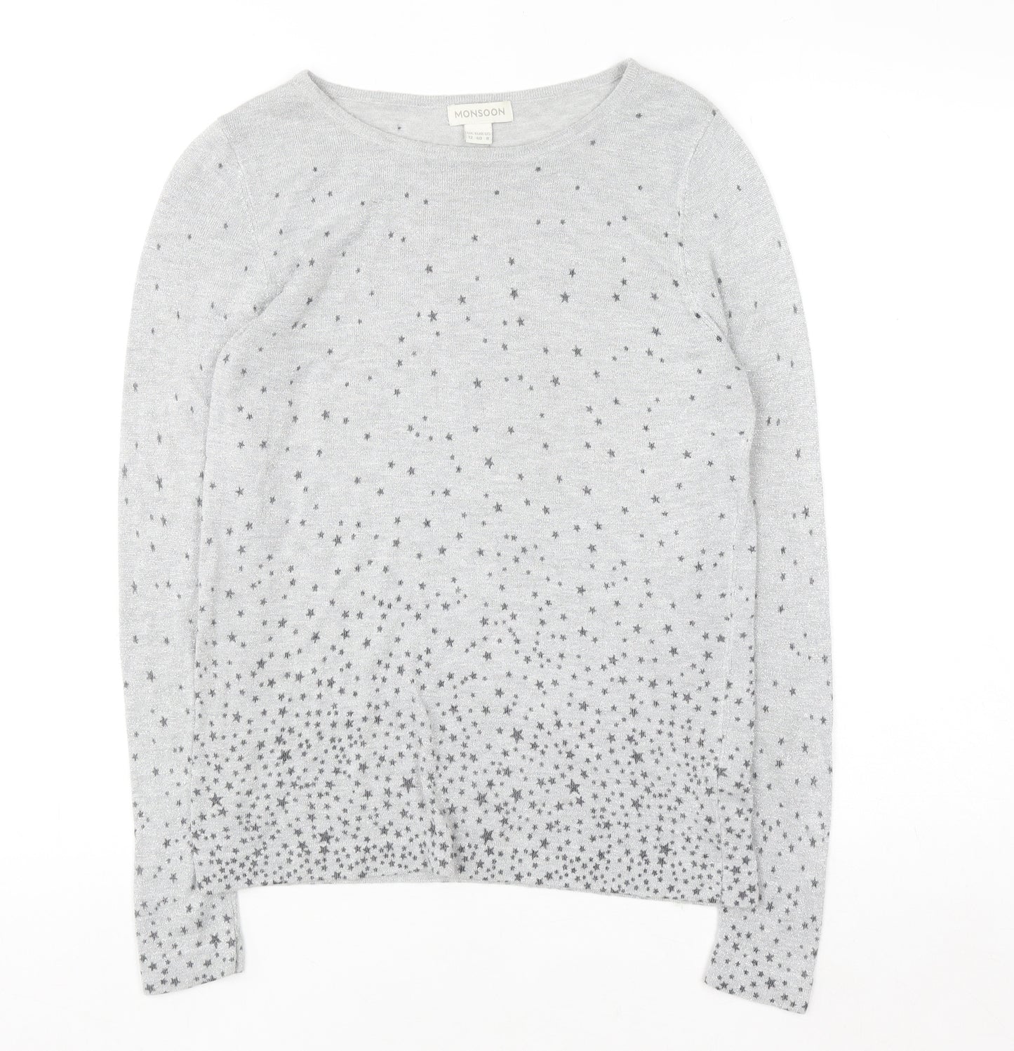 Monsoon Women Grey Star Knit Long Sleeve Crew Neck Blouse Size 12