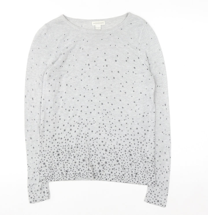 Monsoon Women Grey Star Knit Long Sleeve Crew Neck Blouse Size 12
