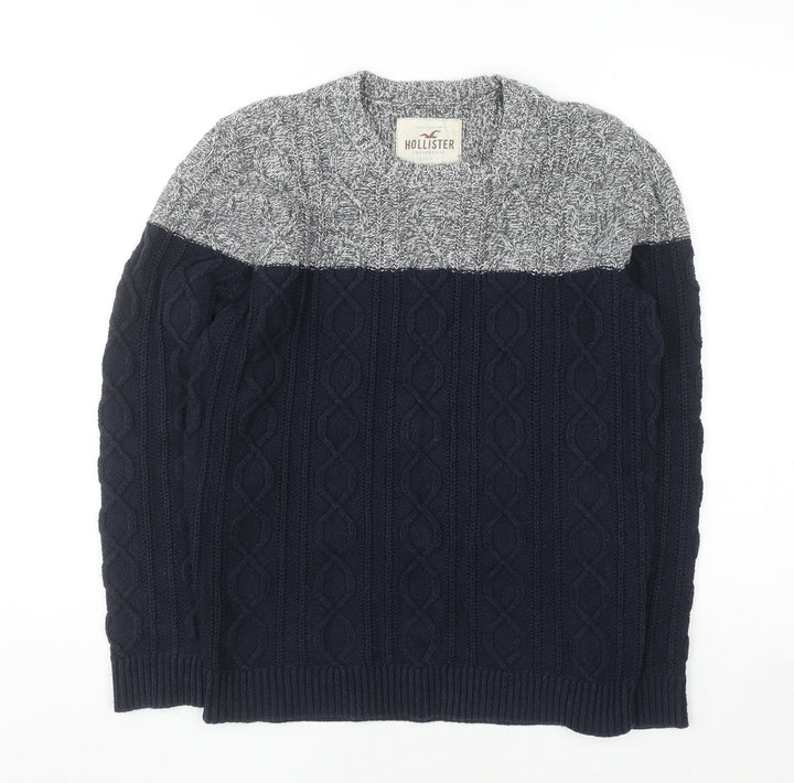 Hollister Men's Blue Cable-Knit Crew Neck Jumper Size M