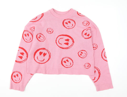 ASOS DESIGN Women Pink Crew Neck Smiley Knit Jumper Size 8