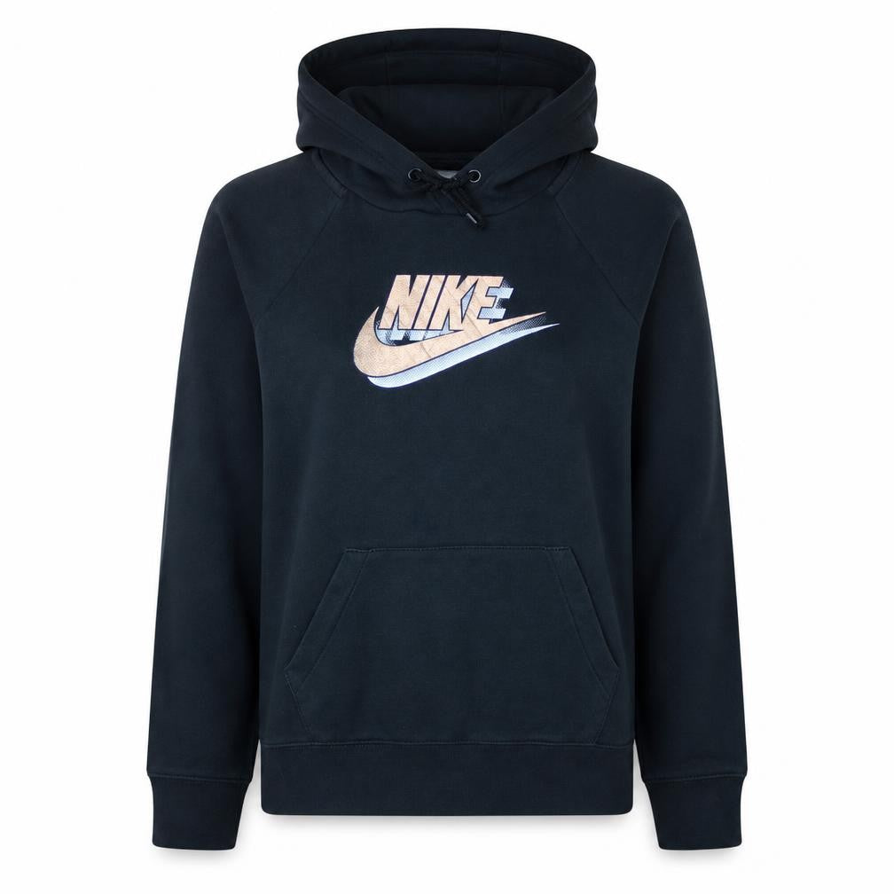Front view of Nike Women’s Black Pullover Hoodie, size S, Logo Print Cotton Blend