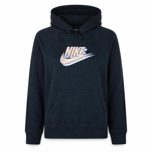 Front view of Nike Women’s Black Pullover Hoodie, size S, Logo Print Cotton Blend