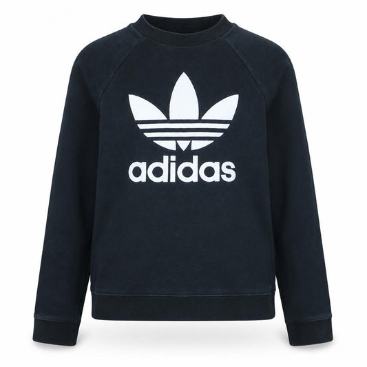Front view of Adidas women’s black xs crew neck pullover sweatshirt with logo print