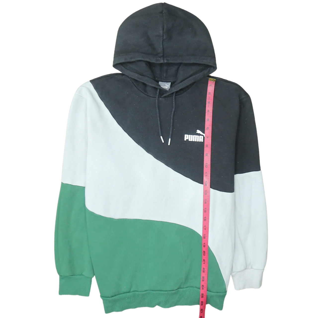 Puma Men's Black White Green Colour Block Pullover Hoodie L